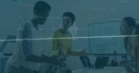 Collaborating three women analyzing data visualization in modern office, with Stock Photos