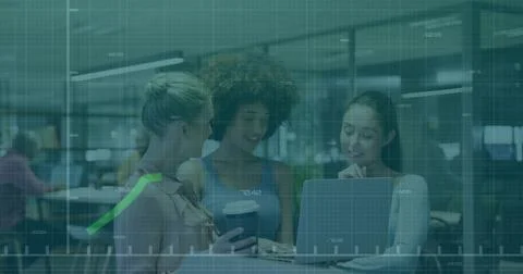 Collaborating three women analyzing data on laptop at open office table, with Stock Photos