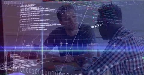 Collaborating two colleagues analyzing data overlays on laptops in meeting room, Stock Photos