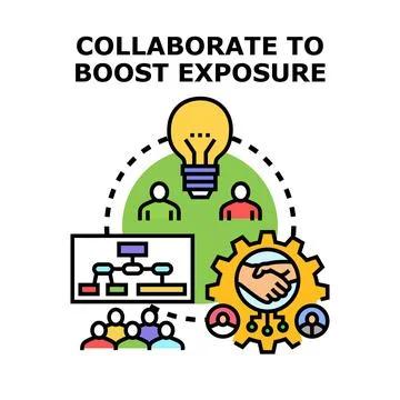 Collaboration and teamwork boosting business exposure icon Stock Illustration