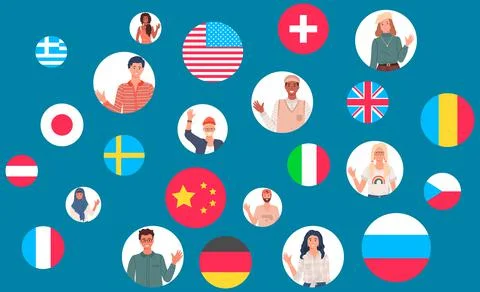 Collaboration between countries. People and national flags in round frames on Stock Illustration