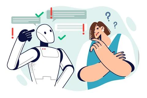 Collaboration between robot and person to jointly brainstorm and find solution Stock Illustration