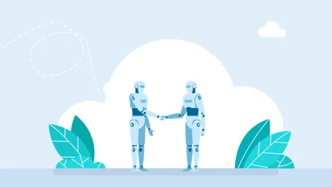 Collaboration between robots. Technological. Handshake two robots. Robot shaking Stock Footage 315111501