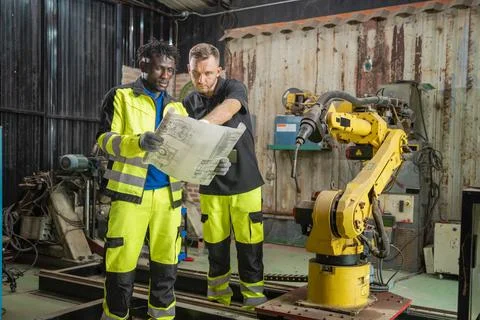 Collaboration between workers and robotics in manufacturing workshop image .. Stock Photos