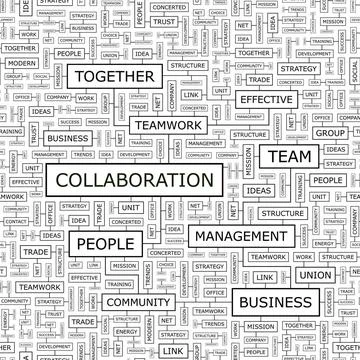 COLLABORATION COLLABORATION. Seamless pattern. Word cloud illustration. Co... Stock Photos