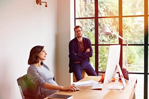 Collaboration, computer and remote work with couple in home office for smal.. Stock Photos