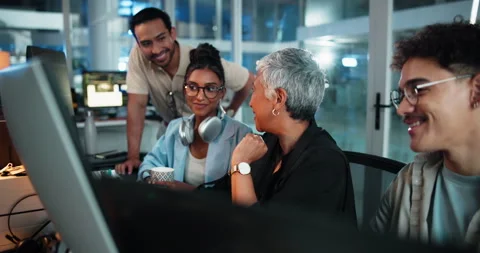 Collaboration, computer and smile of people at desk in office as programmers for Video stock 309141529