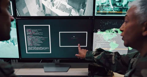 Collaboration, computer screen and surveillance with people in CCTV control room Stock Footage 303613973