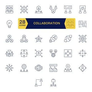 Collaboration Essential Vector Set including 32 Grid Fitted Thin Line 64x64.. Stock Illustration