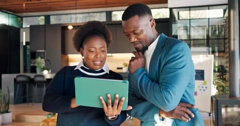 Collaboration, event management and tablet with black people in venue for s.. Stock Photos