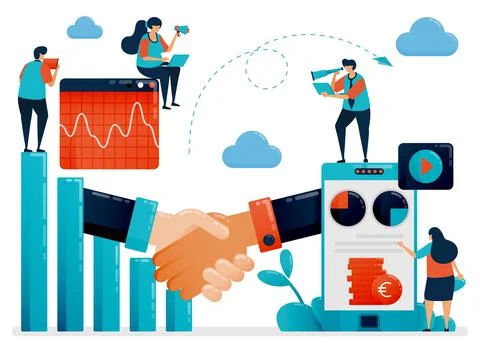 Collaboration to get return on profit and opportunities. Bar chart and diagra Stock Illustration