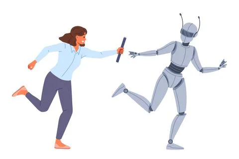 Collaboration human and robot working together towards goal to achieve success Stock Illustration