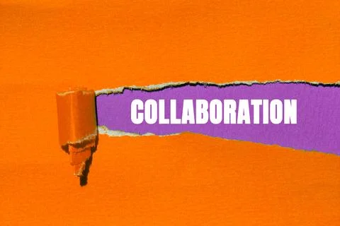 Collaboration message written on ripped torn paper background. Conceptual C.. Stock Photos