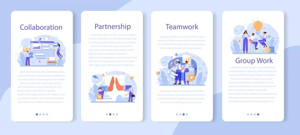 Collaboration mobile application banner set. Office characters working in team. 스톡 일러스트