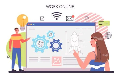Collaboration online service or platform. Office characters working Illustrazione stock