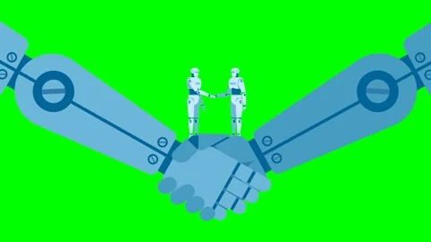 Collaboration, partnership, relationship between AI. Two robots shaking hands Stock Footage 320290141