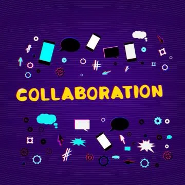 Collaboration phrase with random items on dark background. Chromatic aberrati Illustrazione stock