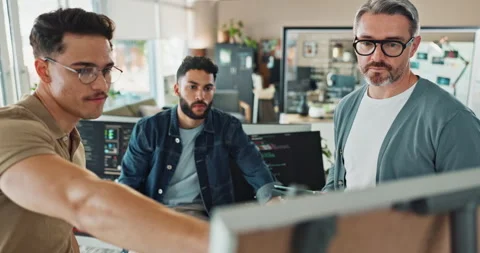 Collaboration, planning and programming people in office together for problem Stock Footage 290118456