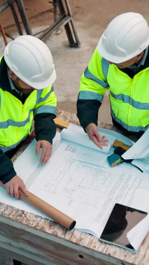 Collaboration, planning and talking with men on building site for project Stock Footage 336189484