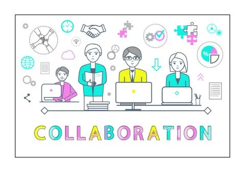 Collaboration Poster with Workers Laptops Vector Illustrazione stock