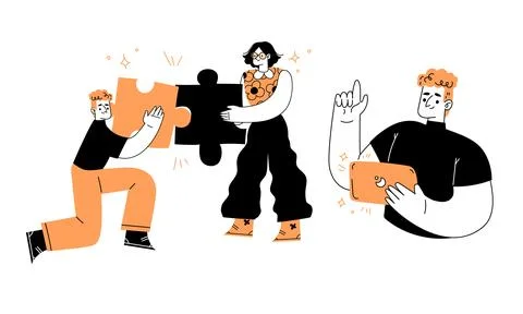 Collaboration in Problem Solving with Interlocking Puzzle Pieces to Achieve Stock Illustration