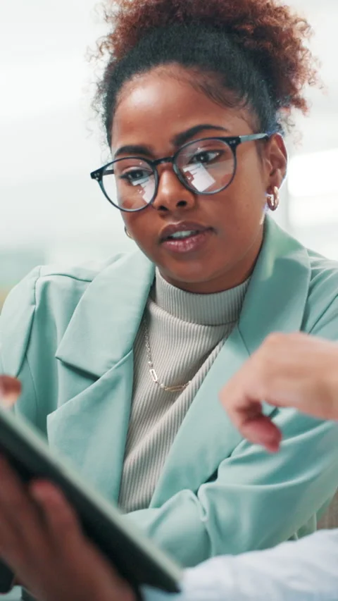 Collaboration, programmer and colleagues with tablet, office and woman with Stock Footage 306893483