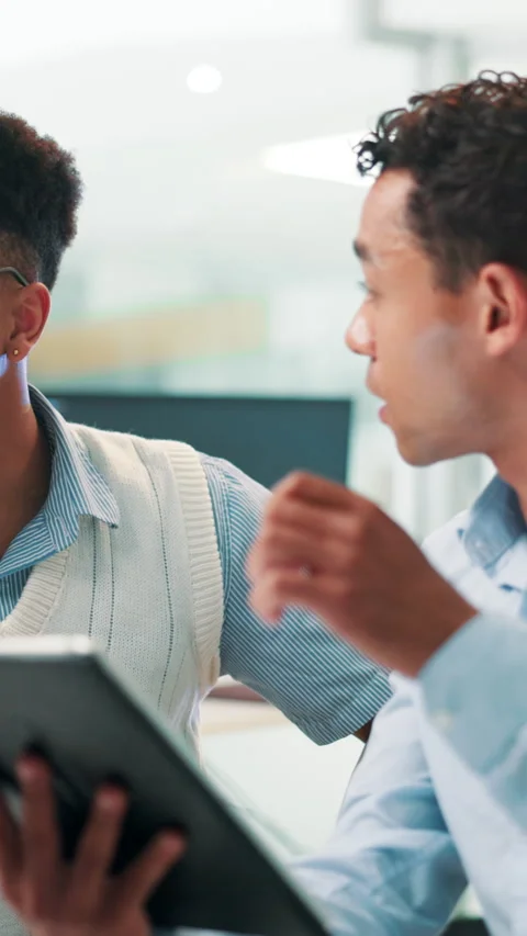 Collaboration, programmer and men with tablet, office and colleagues with smile Stock-Footage 306892282