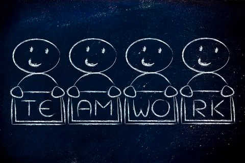 Collaboration, sharing work and team work: funny characters illustration Stock Illustration