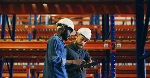 Collaboration, tablet and talking with construction worker men in storage d.. Stock Photos
