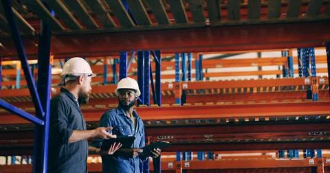 Collaboration, tablet and walking with construction worker men in storage d.. Stock Photos