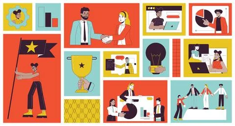 Collaboration team members bento grid illustration set Stock Illustration