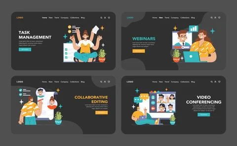 Collaboration tools dark or night mode web, landing set. Employees using Stockillustratie
