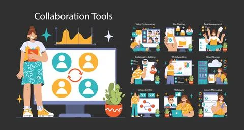 Collaboration tools dark or night mode set. Diverse professionals using Stockillustratie