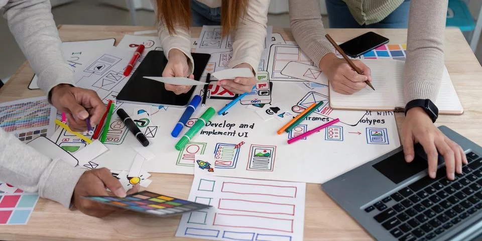 Collaboration UX Developer and UI Designer Brainstorming Session with Creative Stock Photos