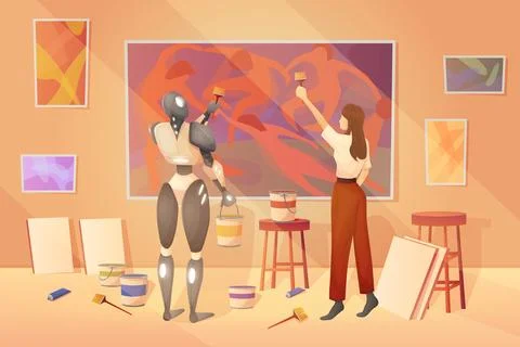 Collaboration work between AI and human to generate, paint modern art content Stock Illustration