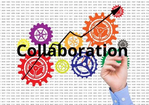 Collaboration write on the screen with color cogs. Numbers background Stock Photos