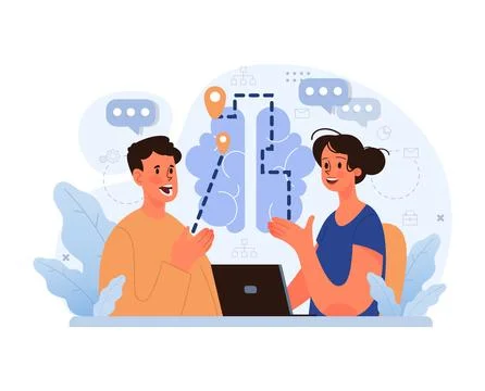 Collaborative brainstorming session on digital pathways. Flat vector Stock Illustration