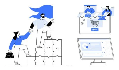 Collaborative Business Growth and E-commerce Transactions in the Digital Era Stock Illustration