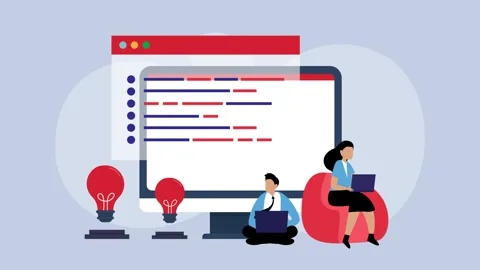 Collaborative Coding and Programming Illustration with Team Using Laptops c.. Stock Footage 302529499