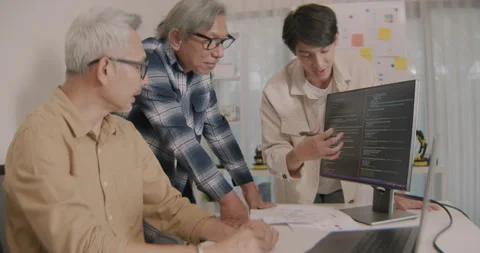 Collaborative Coding Session Between Senior And Young Programmers. 库存影片 308232653