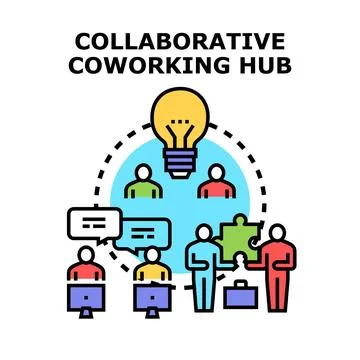 Collaborative coworking hub creating team innovation solutions Illustrazione stock