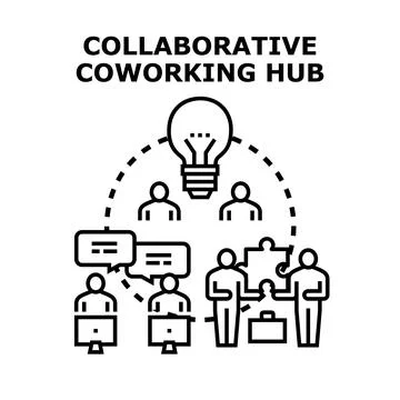 Collaborative coworking hub creating team innovation solutions Stock Illustration