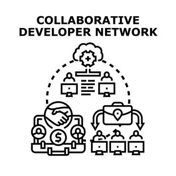 Collaborative developer network creating shared software projects 스톡 일러스트