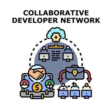 Collaborative developer network creating shared software projects Stock Illustration