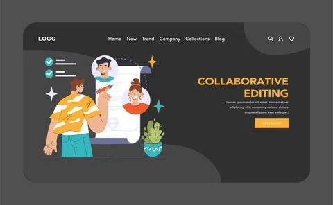 Collaborative editing dark or night mode web, landing. Team members Illustrazione stock