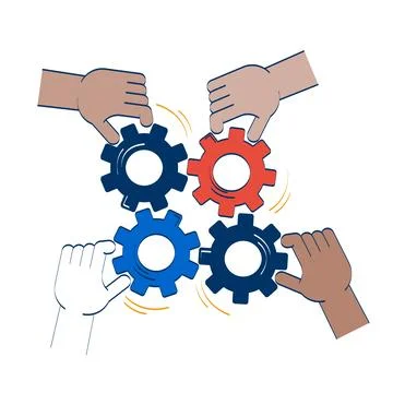 Collaborative effort turning gears doodle illustration concept Stock Illustration