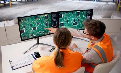 Collaborative Electronics Engineer And Technician Develop Multilayer PCB Layo Stock Photos