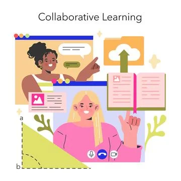 Collaborative Learning concept Peers engage in digital interaction, highlighting Stock Illustration