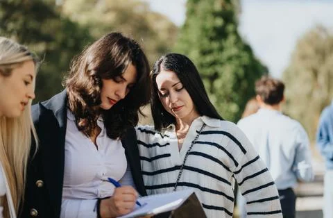 Collaborative Learning Outdoors: Achieving Milestones Together in University Stock Photos