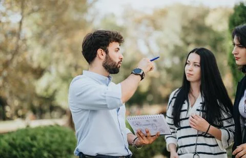 Collaborative Learning in a Sunny Park: Students Achieving Milestones Together Foto stock